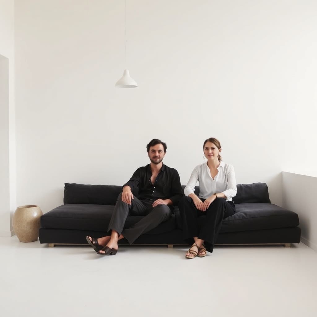 Studio principals in a minimal white interior